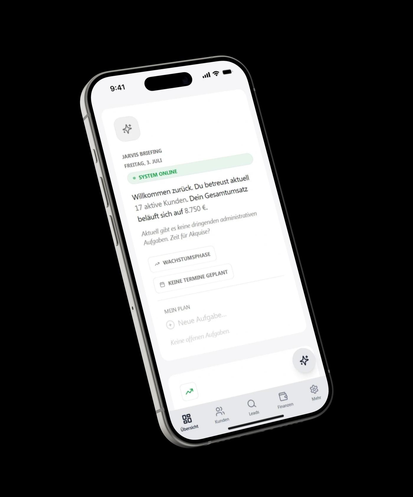 JARVIS Business-OS auf einem Smartphone: Kunden-Briefing mit Umsatz, aktiven Kunden und Tagesplan